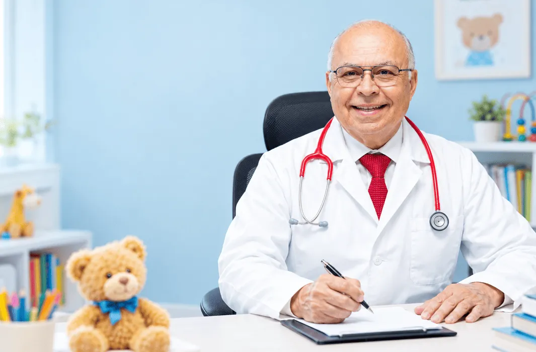 El Dr. Cipriano Aguilar en el escritorio de su consultorio pediátrico en Mexicali